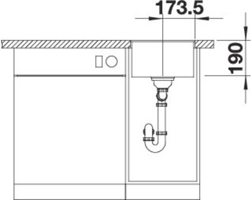 Skizze einer Spüle mit Abmessungen von 173,5 und 190 Millimetern