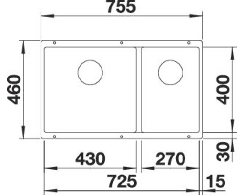 Technische Zeichnung einer Spüle mit zwei Becken und Maßangaben