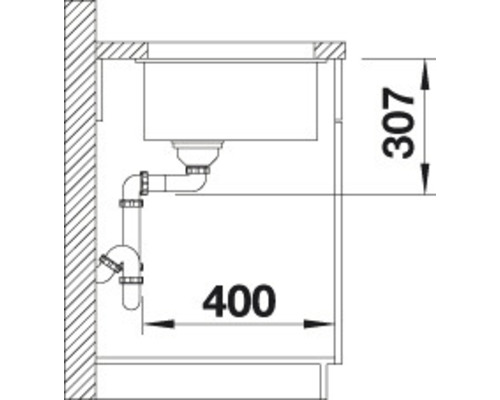 Skizze einer Spüle mit Abmessungen und Siphon