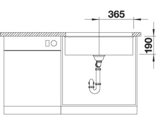 Technische Zeichnung eines Spülbeckens mit den Maßen 365 und 190.