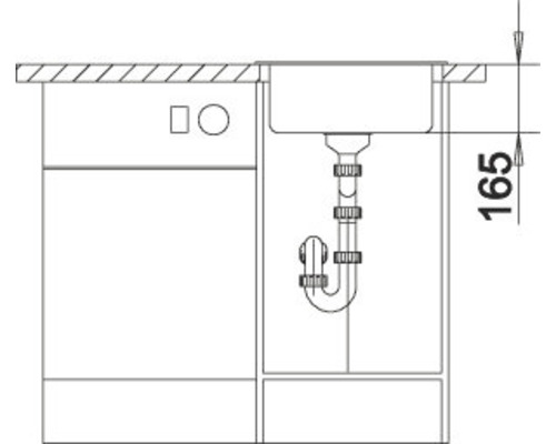 Technische Zeichnung eines Spültischunterschranks mit Siphon und Maßangabe 165