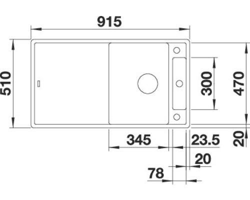 Zeichnung einer Spüle mit Maßangaben.