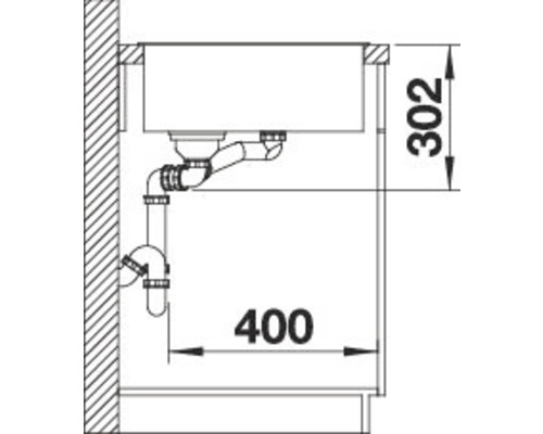 Schema einer Spüle mit Siphon und Maßangaben