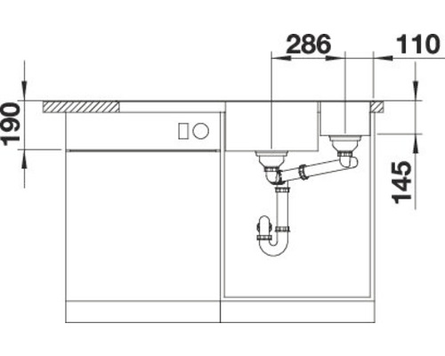 Schemazeichnung einer Spüle mit Spülbecken, Armatur und Siphon mit Maßangaben