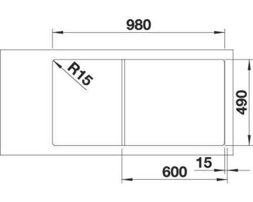 Technische Zeichnung einer Spüle mit den Maßen 980 x 490 Millimeter