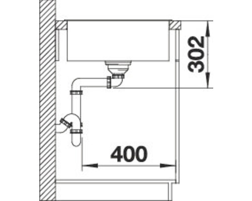 Technische Zeichnung einer Spüle mit Abmessungen 400 und 302