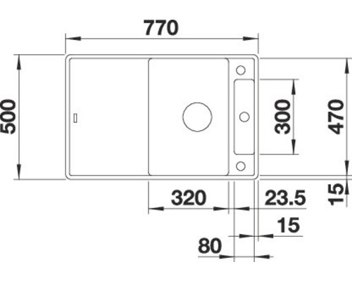 Technische Zeichnung einer Spüle mit Maßangaben