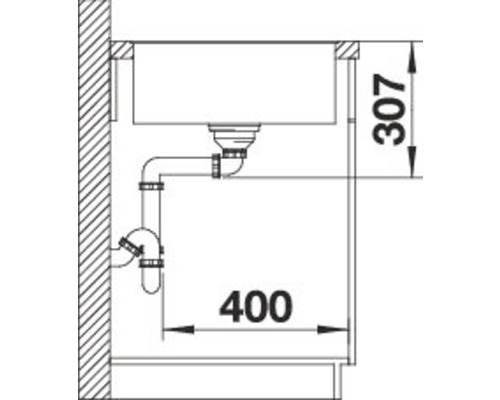 Zeichnung einer Spüle mit Siphon und den Maßen 307 und 400 Millimeter.