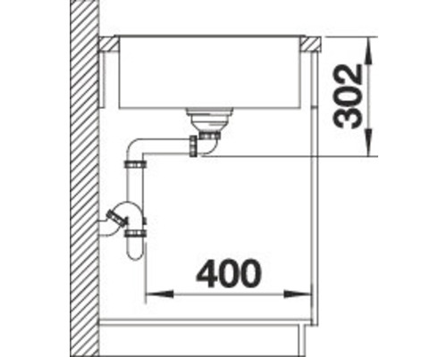 Skizze einer Spüle mit Ablaufgarnitur und Maßangaben