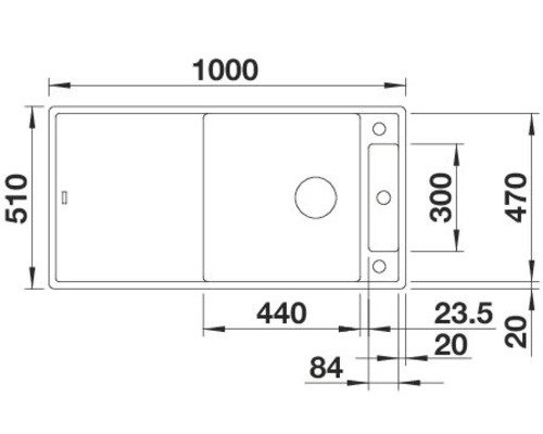Technische Zeichnung einer Küchenspüle mit Maßangaben.
