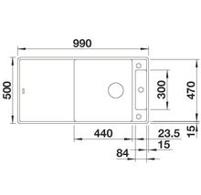 Technische Zeichnung einer Spüle mit den Maßen 990 x 500 mm