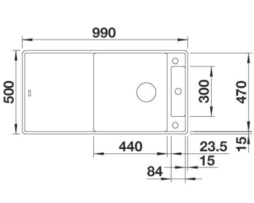 Zeichnung einer Spüle mit Maßangaben