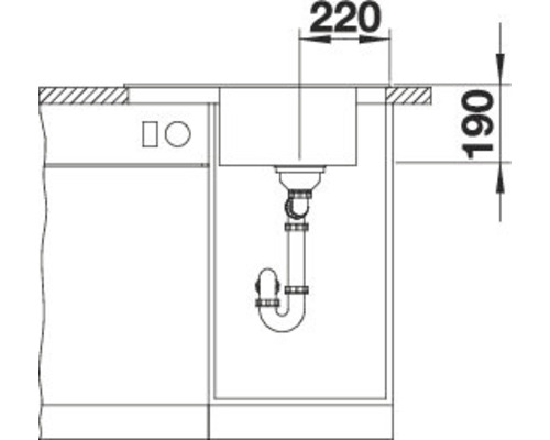 Skizze einer Spüle mit Maßen für den Einbau