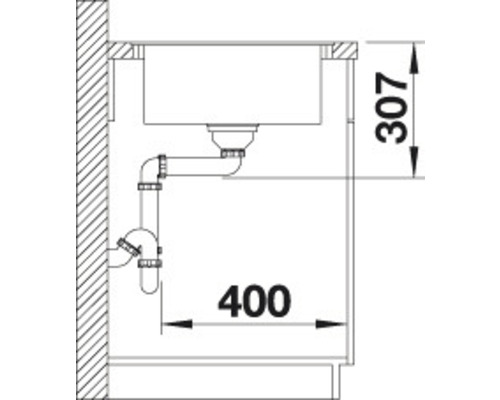 Installationszeichnung einer Spüle mit Maßangaben 307 und 400.
