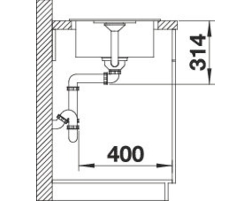 Skizze einer Spüle mit Abmessungen 314 und 400