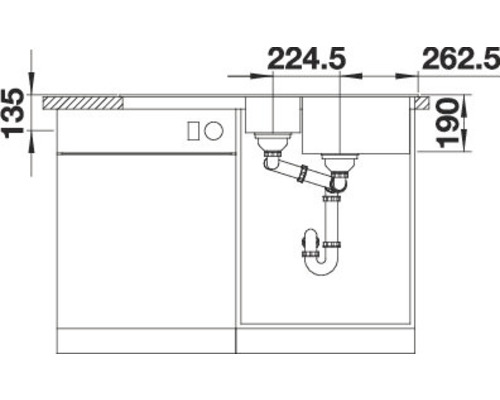 Technische Zeichnung einer Spüle mit Maßen zur Installation.