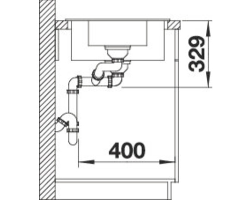 Technische Zeichnung eines Spülbeckens mit Abflussrohren und Maßangaben