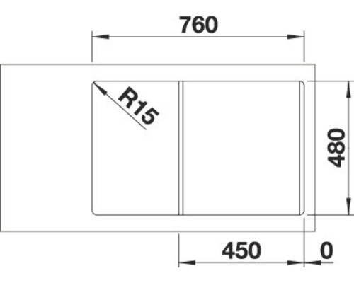 Technische Zeichnung eines Spülbeckens mit Maßangaben in Millimetern