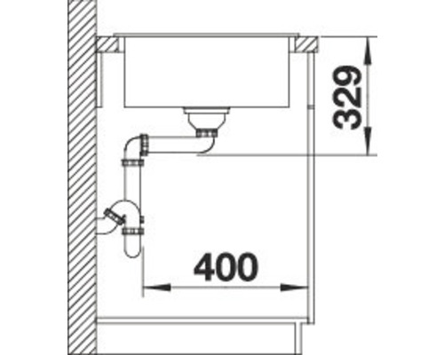 Zeichnung einer Spüle mit Ablaufgarnitur und Maßangaben