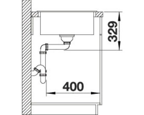 Skizze einer Spüle mit Abmessungen 329 und 400 mm