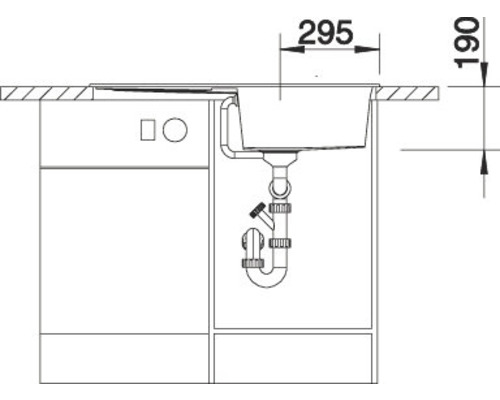 Zeichnung einer Küchenspüle mit Abmessungen.