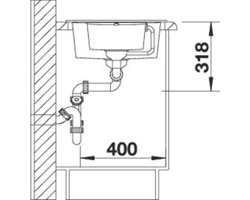 Skizze einer Spüle mit den Maßangaben 318 und 400.