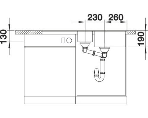 Skizze einer Spüle mit Maßen und Siphon