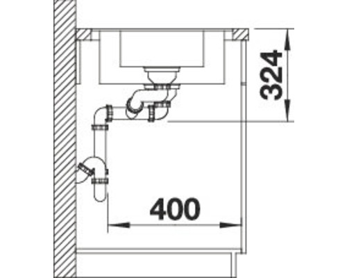 Technische Zeichnung eines Siphons mit Maßangaben