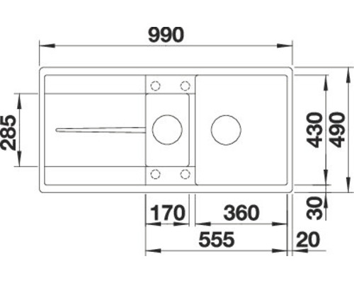 Technische Zeichnung einer Küchenspüle mit Abmessungen