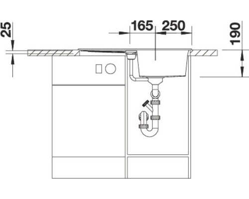 Technische Zeichnung einer Spüle mit Maßangaben für den Einbau in eine Küchenzeile
