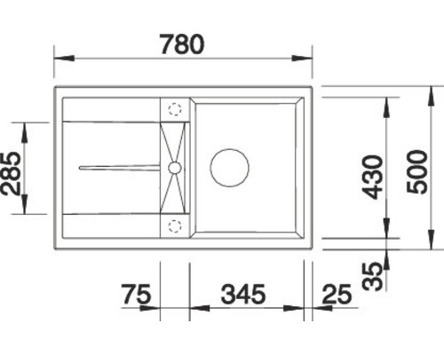 Technische Zeichnung einer Spüle mit den Maßen 780 x 500 Millimeter