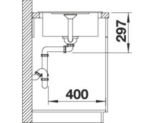Skizze einer Spüle mit Abmessungen und Siphon