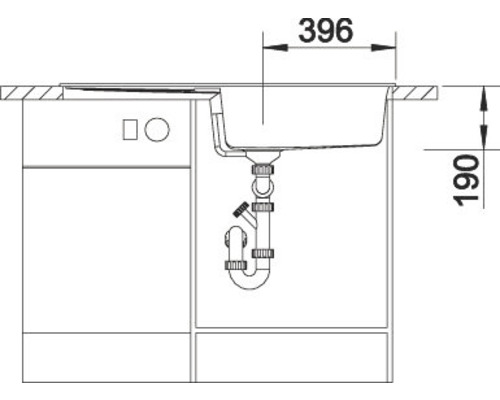 Technische Zeichnung eines Spülbeckens mit Unterschrank und Maßangaben