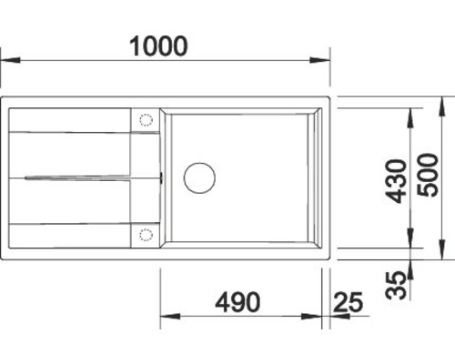 Zeichnung einer Spüle mit den Maßen 1000 x 500 Millimeter.