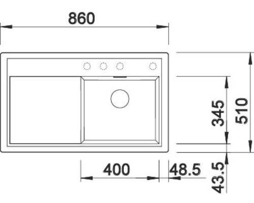 Technische Zeichnung einer Küchenspüle mit den Maßen 860 x 510 mm.