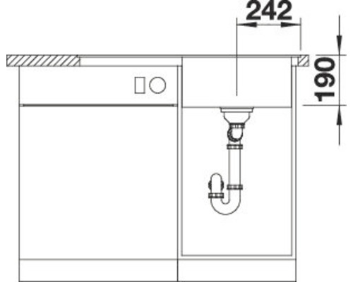 Technische Zeichnung eines Spülenschranks mit Maßangaben