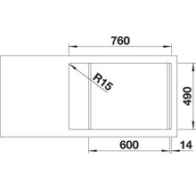 Technische Zeichnung einer Spüle mit den Maßen 760 x 490 Millimeter