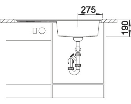 Technische Zeichnung eines Spülenschranks mit Maßangaben