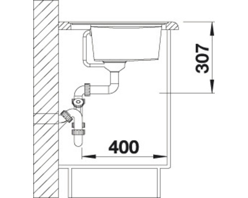 Technische Zeichnung eines Spülbeckens mit Abmessungen 400 mal 307