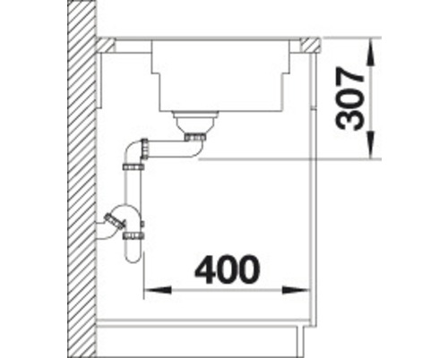 Skizze eines Spülbeckens mit Siphon und Maßangaben 307 und 400