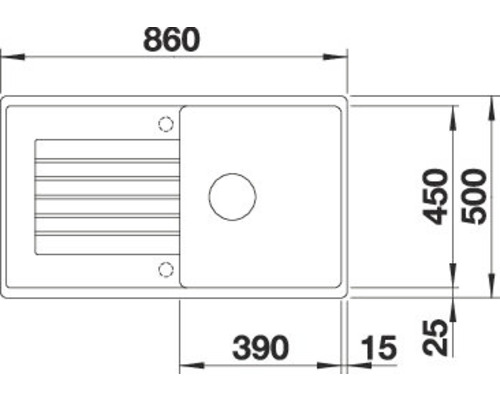 Technische Zeichnung einer Spüle mit den Maßen 860 x 500 Millimeter