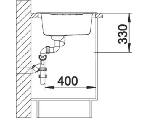 Zeichnung einer Spüle mit Maßangaben für Installation