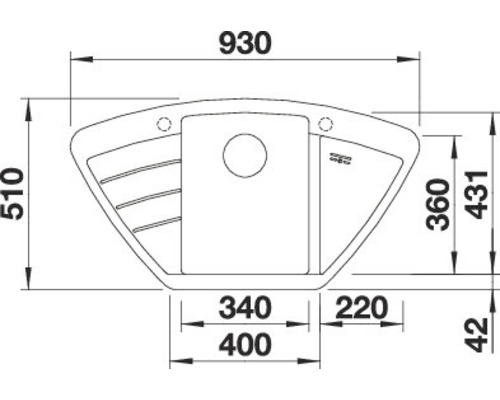 Technische Zeichnung eines Waschbeckens mit Maßangaben