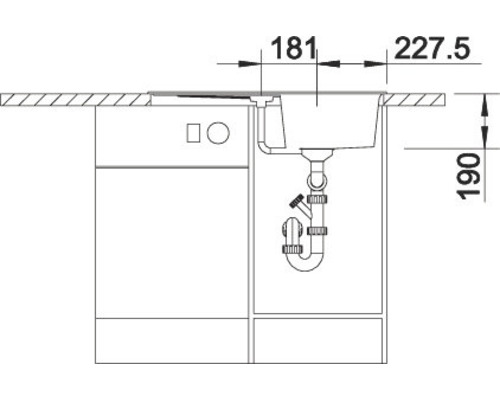 Technische Zeichnung einer Spüle mit Unterschrank und zugehörigen Maßangaben.
