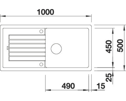 Technische Zeichnung einer Küchenspüle mit Abmessungen