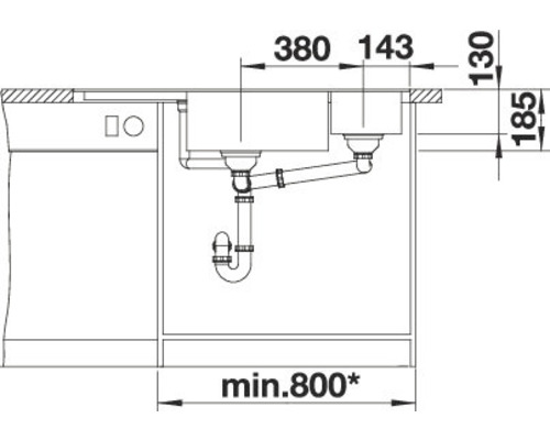 Installationsskizze einer Spüle mit Beckenmaßen