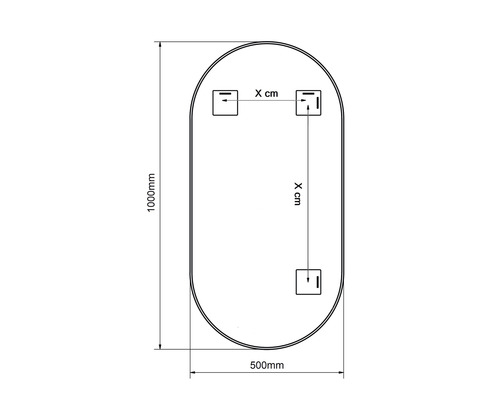 Skizze eines Spiegels mit Abmessungen 1000 mm Höhe und 500 mm Breite