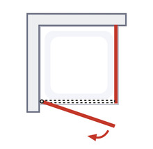 Illustration einer Duschkabine mit Schwingtür, die nach aussen geöffnet ist