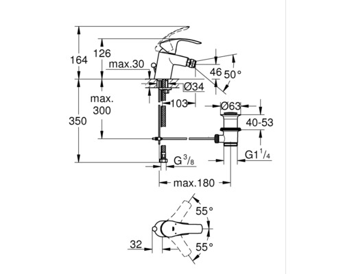 Technische Zeichnung einer Armatur mit Maßangaben