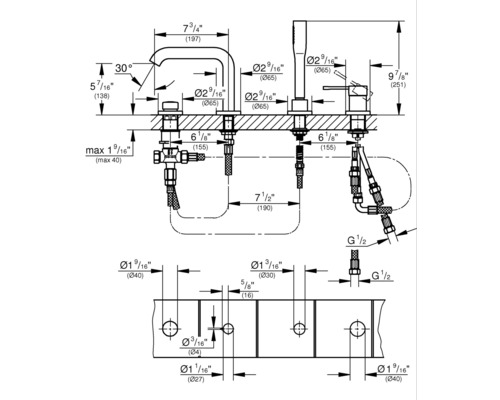 Technische Zeichnung einer Badarmatur mit Maßangaben für die Installation